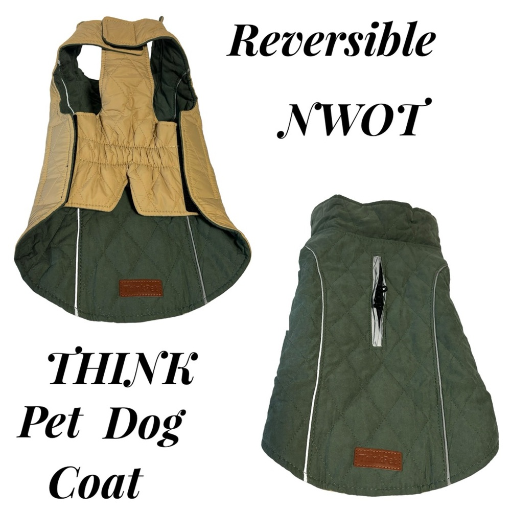 THINK! Reversible Dog Pet Coat Quilted Hook & Loop closure Green Tan NWOT